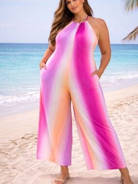 NWT DOSE halter neck wide leg  ombré tie-dye stripes print jumpsuit size L & 2XL